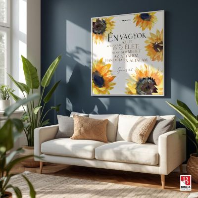 János 14:6 „Én vagyok az út, az igazság és az élet; senki sem mehet az Atyához, hanemha én általam.” Bibliaidézet a nappali falán