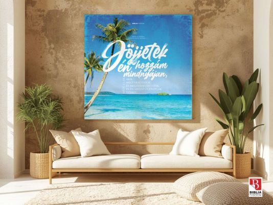 Máté 11:28 „Jöjjetek én hozzám mindnyájan, akik megfáradtatok és megterheltettetek, és én megnyugosztlak titeket.” Igés kép a falon