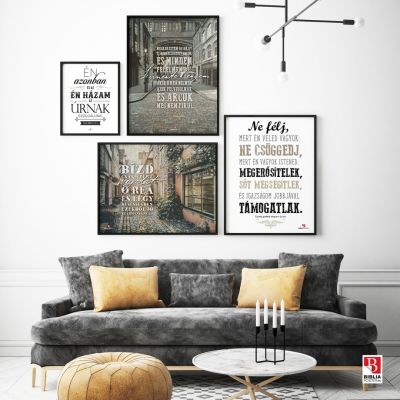 keretes képek a nappaliban bibliai idézetekkel, galéria fal